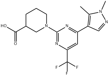 1-[4-(1,5-ジメチル-1H-ピラゾール-4-イル)-6-(トリフルオロメチル)ピリミジン-2-イル]ピペリジン-3-カルボン酸 化学構造式