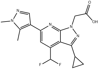 [3-Cyclopropyl-4-(difluoromethyl)-6-(1,5-dimethyl-1H-pyrazol-4-yl)-1H-pyrazolo[3,4-b]pyridin-1-yl]acetic acid Struktur