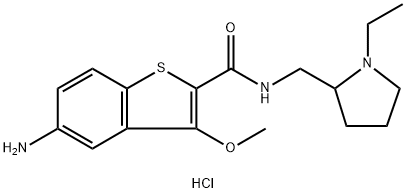 5-アミノ-N-[(1-エチルピロリジン-2-イル)メチル]-3-メトキシベンゾ[b]チオフェン-2-カルボアミド・2塩酸塩 化学構造式