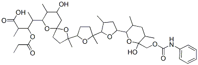 4-[9-hydroxy-2-[5-[5-[6-hydroxy-3,5-dimethyl-6-(phenylcarbamoyloxymeth yl)oxan-2-yl]-3-methyl-oxolan-2-yl]-5-methyl-oxolan-2-yl]-2,8-dimethyl -1,6-dioxaspiro[4.5]dec-7-yl]-2-methyl-3-propanoyloxy-pentanoic acid Struktur