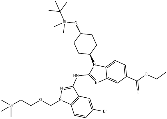 1H-BenziMidazole-5-carboxylic acid, 2-[[5-broMo-1-[[2-(triMethylsilyl)ethoxy]Methyl]-1H-indazol-3-yl]aMino]-1-[trans-4-[[(1,1-diMethylethyl)diMethylsilyl]oxy]cyclohexyl]-, ethyl ester Struktur