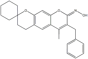 7'-Benzyl-6'-methyl-3',4'-dihydro-8'H-spiro[cyclohexane-1,2'-pyrano[3,2-g]chromen]-8'-one oxim Struktur