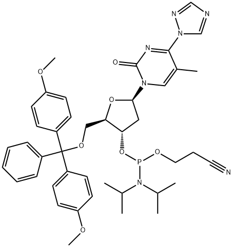 (2R,3S,5R)-2-((BIS(4-METHOXYPHENYL)(PHENYL)METHOXY)METHYL)-5-(5-METHYL-2-OXO-4-(1H-1,2,4-TRIAZOL-1-YL)PYRIMIDIN-1(2H)-YL)TETRAHYDROFURAN-3-YL 2-CYANOETHYL DIISOPROPYLPHOSPHORAMIDITE,101712-10-1,结构式