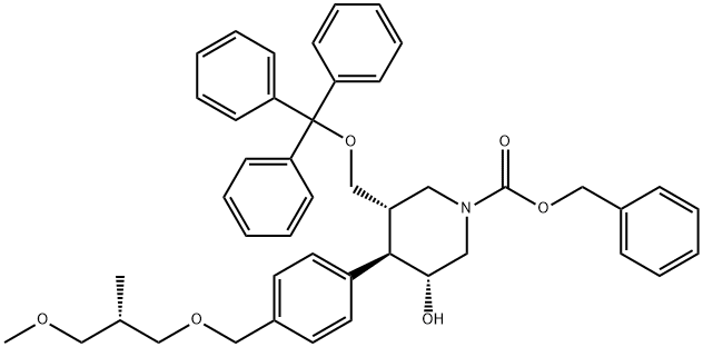 (3R,4R,5S)-3-Hydroxy-4-[4-[[(2S)-3-methoxy-2-methylpropoxy]methyl]phenyl]-5-[(triphenylmethoxy)methyl]-1-piperidinecarboxylic acid phenylmethyl ester Struktur