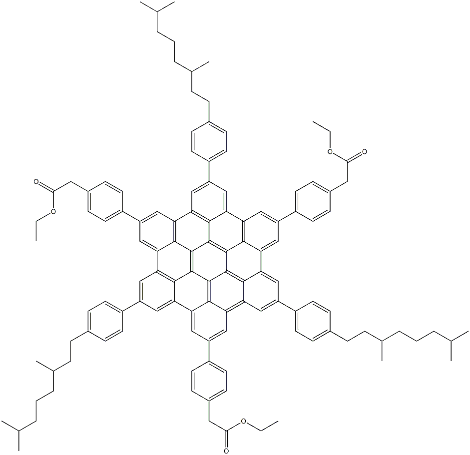 2,8,14-Tris[4-(3,7-dimethyloctyl)phenyl]-5,11,17-tris(4’ethylacetatephenyl)-hexa-peri-hexabenzocoronene Struktur