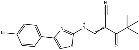 (Z)-3-{[4-(4-bromophenyl)-1,3-thiazol-2-yl]amino}-2-(2,2-dimethylpropanoyl)-2-propenenitrile 化学構造式