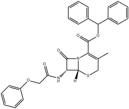 diphenylmethyl (6R-trans)-3-methyl-8-oxo-7-(phenoxyacetamido)-5-thia-1-azabicyclo[4.2.0]oct-2-ene-2-carboxylate Structure