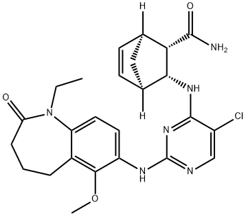 Bicyclo[2.2.1]hept-5-ene-2-carboxaMide, 3-[[5-chloro-2-[(1-ethyl-2,3,4,5-tetrahydro-6-Methoxy-2-oxo-1H-1-benzazepin-7-yl)aMino]-4-pyriMidinyl]aMino]-, (1S,2S,3R,4R)-,1022957-12-5,结构式