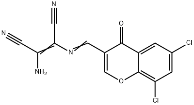 (Z)-2-amino-3-{[(E)-(6,8-dichloro-4-oxo-4H-chromen-3-yl)methylidene]amino}-2-butenedinitrile Struktur