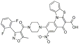 5H-Benzothiazolo[3,2-a]quinoline-6-carboxylic acid, 2-[4-[[3-(2,6-difluorophenyl)-5-methyl-4-isoxazolyl]carbonyl]-1-piperazinyl]-3-nitro-5-oxo-,1028202-97-2,结构式