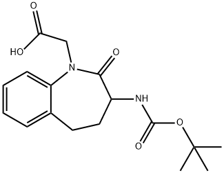 [3-({[(2-甲基-2-丙基)氧基]羰基}氨基)-2-氧代-2,3,4,5-四氢-1H-1-苯并氮杂卓-1-基]乙酸, 103105-97-1, 结构式
