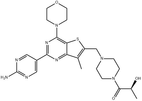 (S)-1-[4-[[2-(2-氨基嘧啶-5-基)-7-甲基-4-(吗啉-4-基)噻吩并[3,2-D]嘧啶-6-基]甲基]哌嗪-1-基]-2-羟基丙-1-酮,1032754-93-0,结构式