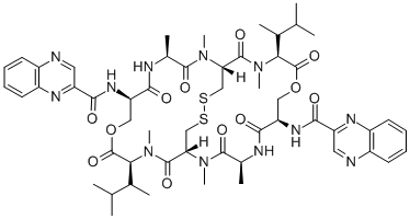 N-(2-キノキサリニルカルボニル)-シクロ[D-Ser*-L-Ala-N-メチル-L-Cys(1)-N,4-ジメチル-L-aIle-N-(2-キノキサリニルカルボニル)-D-Ser*-L-Ala-N-メチル-L-Cys(1)-N,4-ジメチル-L-aIle-] 化学構造式