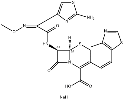 3-[(Z)-2-(4-メチルチアゾール-5-イル)ビニル]-7β-[[(Z)-(2-アミノチアゾール-4-イル)(メトキシイミノ)アセチル]アミノ]セファム-3-エン-4-カルボン酸ナトリウム 化学構造式