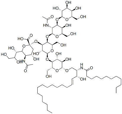 (2S,4S,5R)-2-((2S,3R,4R,5S,6R)-2-((2R,3S,4R,5R,6R)-6-((2S,3R,E)-2-dodecanamido-3-hydroxyoctadec-4-enyloxy)-4,5-dihydroxy-2-(hydroxymethyl)tetrahydro-2H-pyran-3-yloxy)-5-((2S,3R,4R,5R,6R)-3-ethanamido-5-hydroxy-6-(hydroxymethyl)-4-((2R,3R,4S,5R,6R)-3,4,5-trihydroxy-6-(hydroxymethyl)tetrahydro-2H-pyran-2-yloxy)tetrahydro-2H-pyran-2-yloxy)-3-hydroxy-6-(hydroxymethyl)tetrahydro-2H-pyran-4-yloxy)-5-ethanamido-4-hydroxy-6-((1S,2S)-1,2,3-trihydroxypropyl)tetrahydro-2H-pyran-2-carboxylic acid Structure