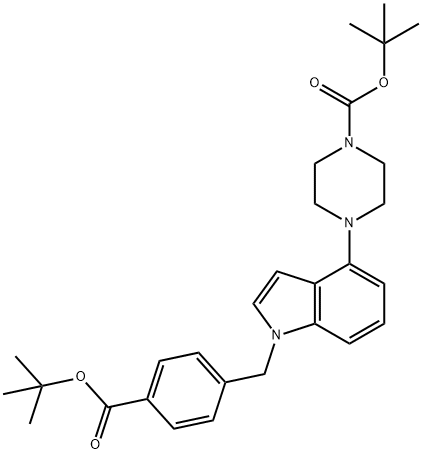 4-[1-[[4-[叔丁氧羰基]苯基]甲基]-1H-吲哚-4-基]-1-哌嗪羧酸叔丁酯,1044764-11-5,结构式