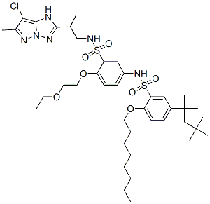 N-[3-[N-[2-(7-Chloro-6-methyl-1H-pyrazolo[1,5-b][1,2,4]triazol-2-yl)propyl]aminosulfonyl]-4-(2-ethoxyethoxy)phenyl]-2-octyloxy-5-(1,1,3,3-tetramethylbutyl)benzenesulfonamide,104660-33-5,结构式