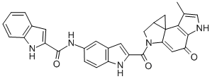 1H-Indole-2-carboxamide, N-(2-((4,5,8,8a-tetrahydro-7-methyl-4-oxocycl opropa(C)pyrrolo(3,2-e)indol-2(1H)-yl)carbonyl)-1H-indol-5-yl)-, (+-)- 化学構造式