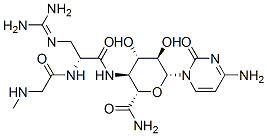 (2S,3S,4S,5R,6R)-6-(4-amino-2-oxo-pyrimidin-1-yl)-3-[[(2R)-3-(diaminom ethylideneamino)-2-[(2-methylaminoacetyl)amino]propanoyl]amino]-4,5-di hydroxy-oxane-2-carboxamide Struktur