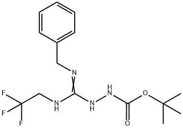 (E)-N'-Benzyl-1-({[(tert-butoxy)carbonyl]amino}amino)-N-(2,2,2-trifluoroethyl)methanimidamide Struktur