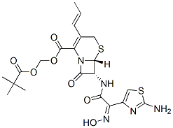 (6R,7R)-7-[[(2-Amino-4-thiazolyl)[(Z)-hydroxyimino]acetyl]amino]-8-oxo-3-[(Z)-1-propenyl]-5-thia-1-azabicyclo[4.2.0]oct-2-ene-2-carboxylic acid (2,2-dimethyl-1-oxopropoxy)methyl ester Struktur