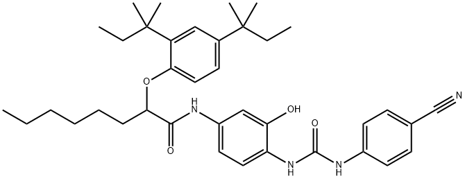 N-(4-(3-(4-cyanophenyl)ureido)-3-hydroxyphenyl)-2-(2,4-di-tert-pentylphenoxy)octanamide Struktur
