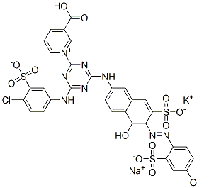 3-Carboxy-1-[4-[(4-chloro-3-sulfophenyl)amino]-6-[[5-hydroxy-6-[(4-methoxy-2 -sulfophenyl)azo]-7-sulfo-2-naphthalenyl]amino]-1,3,5-triazin-2-yl]-pyridinium, inner salt, potassium sodium salt,109125-54-4,结构式