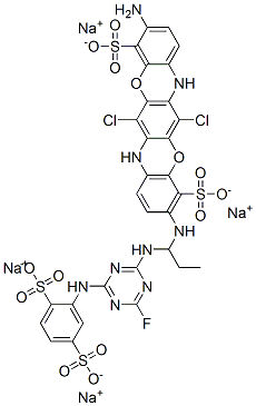 tetrasodium 10-amino-6,13-dichloro-3-(3-(4-(2,5-disulfonatoanilino)-6-fluoro-1,3,5-triazin-2-ylamino)prop-3-ylamino)-5,12-dioxa-7,14-diazapentacene-4,11-disulfonate,109125-56-6,结构式