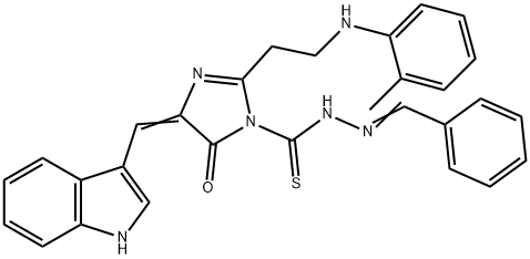 1H-Imidazole-1-carbothioic acid, 4,5-dihydro-4-(1H-indol-3-ylmethylene )-2-(2-((2-methylphenyl)amino)ethyl)-5-oxo-, (phenylmethylene)hydrazid e 化学構造式