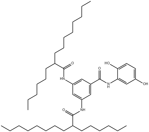 3,5-ビス(2-ヘキシルデカノイルアミノ)-2',5'-ジヒドロキシベンズアニリド 化学構造式