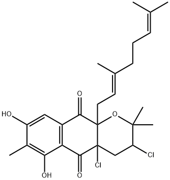 3,4a-Dichloro-10a-(3,7-dimethyl-2,6-octadienyl)-3,4,4a,10a-tetrahydro-6,8-dihydroxy-2,2,7-trimethyl-2H-naphtho[2,3-b]pyran-5,10-dione Struktur