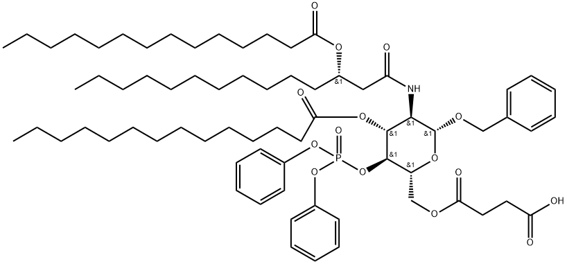 4-(((2R,3S,4R,5R,6R)-6-(Benzyloxy)-3-((diphenoxyphosphoryl)oxy)-4-(tetradecanoyloxy)-5-((S)-3-(tetradecanoyloxy)tetradecanaMido)tetrahydro-2H-pyran-2-yl)Methoxy)-4-oxobutanoic acid 化学構造式