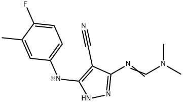 N'-[4-cyano-3-(4-fluoro-3-methylanilino)-1H-pyrazol-5-yl]-N,N-dimethyliminoformamide Struktur