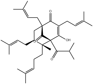 (1R,5S)-4-ヒドロキシ-6-メチル-1,3,7β-トリス(3-メチル-2-ブテニル)-5-(2-メチル-1-オキソプロピル)-6α-(4-メチル-3-ペンテニル)ビシクロ[3.3.1]ノナ-3-エン-2,9-ジオン 化学構造式