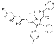 rel-(3R*,5R*)-3,5-ジヒドロキシ-7-[2-イソプロピル-3-(フェニルカルバモイル)-4-フェニル-5-(4-フルオロフェニル)-1-ピロリル]ヘプタン酸 化学構造式