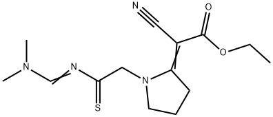 ethyl (2E)-2-cyano-2-[1-[((Z)-dimethylaminomethylidenethiocarbamoyl)me thyl]pyrrolidin-2-ylidene]acetate Structure