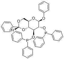 (-)-PHENYL-4,6-O-(R)-BENZYLIDENE-2,3-O-BIS-(DIPHENYLPHOSPHINO)-BETA-D-GLUCOPYRANOSIDE Struktur