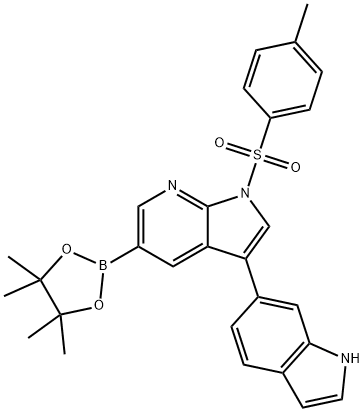 1H-Pyrrolo[2,3-b]pyridine, 3-(1H-indol-6-yl)-1-[(4-Methylphenyl)sulfonyl]-5-(4,4,5,5-tetraMethyl-1,3,2-dioxaborolan-2-yl)- Struktur