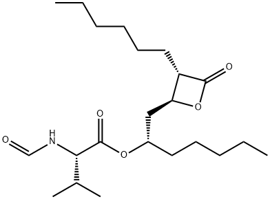 (2S)-N-ホルミル-L-バリン1-[[(2S)-3α-ヘキシル-4-オキソオキセタン-2β-イル]メチル]ヘキシル 化学構造式