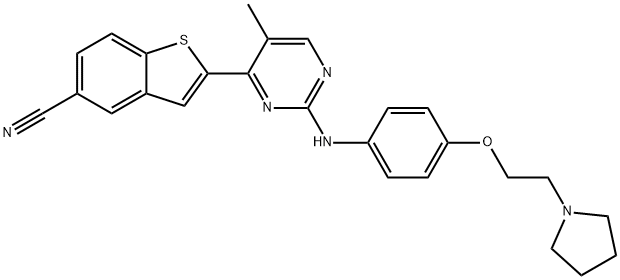 Benzo[b]thiophene-5-carbonitrile, 2-[5-Methyl-2-[[4-[2-(1-pyrrolidinyl)ethoxy]phenyl]aMino]-4-pyriMidinyl]-,1138474-61-9,结构式