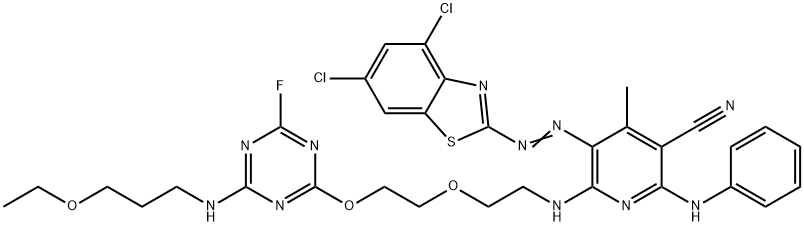 2-(Phenylamino)-5-[(4,6-dichlorobenzothiazole-2-yl)azo]-6-[[2-[2-[[4-[(3-ethoxypropyl)amino]-6-fluoro-1,3,5-triazine-2-yl]oxy]ethoxy]ethyl]amino]-4-methyl-3-pyridinecarbonitrile 结构式