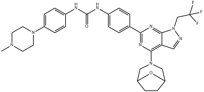 Urea, N-[4-(4-Methyl-1-piperazinyl)phenyl]-N'-[4-[4-(8-oxa-3-azabicyclo[3.2.1]oct-3-yl)-1-(2,2,2-trifluoroethyl)-1H-pyrazolo[3,4-d]pyriMidin-6-yl]phenyl]- 化学構造式