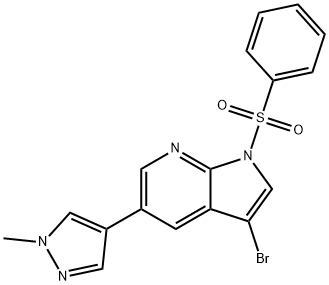 1H-Pyrrolo[2,3-b]pyridine, 3-broMo-5-(1-Methyl-1H-pyrazol-4-yl)-1-(phenylsulfonyl)- Struktur