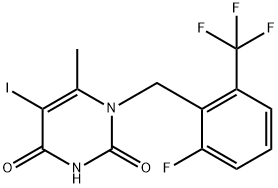 1-[2-fluoro-6-(trifluoromethyl)benzyl]-5-iodo-6-methylpyrimidine-2,4(1H,3H)-dione 化学構造式