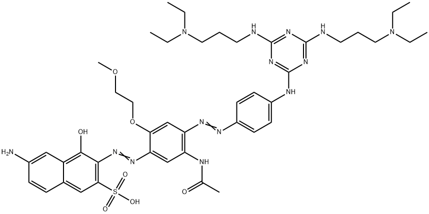 6-アミノ-3-[5-(アセチルアミノ)-4-[4-[4,6-ビス[[3-(ジエチルアミノ)プロピル]アミノ]-1,3,5-トリアジン-2-イルアミノ]フェニルアゾ]-2-(2-メトキシエトキシ)フェニルアゾ]-4-ヒドロキシ-2-ナフタレンスルホン酸 化学構造式