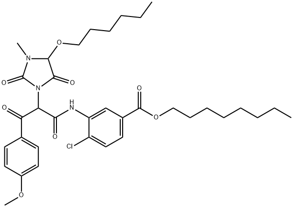 4-Chloro-3-[2-(4-methoxyphenylcarbonyl)-2-(4-hexyloxy-3-methyl-2,5-dioxoimidazolidin-1-yl)acetylamino]benzoic acid octyl ester Struktur