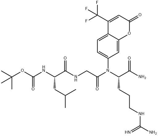 tert-butyloxycarbonyl-leucyl-glycyl-arginine-4-trifluoromethylcoumarin-7-amide 化学構造式