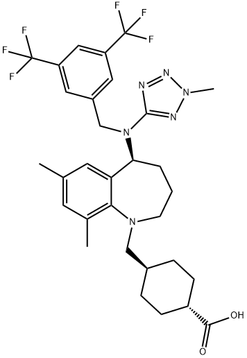 反式-4-[[(5S)-5-[[[3,5-双(三氟甲基)苯基]甲基](2-甲基-2H-四氮唑-5-基)氨基]-2,3,4,5-四氢-7,9-二甲基-1H-1-苯并氮杂卓-1-基]甲基]环己烷羧酸, 1186486-62-3, 结构式
