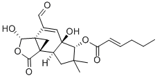 (E)-2-ヘキセン酸[[(3S)-5a,7,8,8aβ-テトラヒドロ-4-ホルミル-3α,5aβ-ジヒドロキシ-7,7-ジメチル-1-オキソ-3H,6H-3aβ,8bβ-メタノ-1H-インデノ[4,5-c]フラン]-6α-イル] 化学構造式