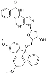 N-[1-[5-O-[二(4-甲氧基苯基)苯基甲基]-2-脱氧-BETA-D-赤式-呋喃戊糖基]-1H-吡唑并[3,4-D]嘧啶-4-基]苯甲酰胺, 119803-27-9, 结构式